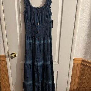 Lapis Denim Navy Blue Tiered Maxi Dress with Button Front